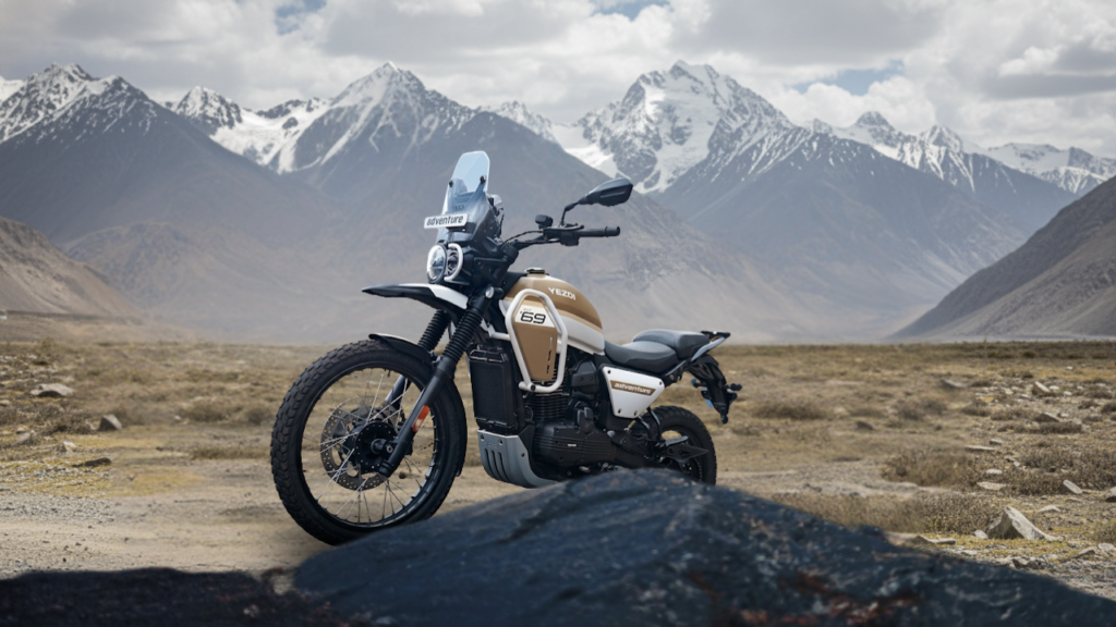 2026 Yezdi Adventure parked on Indian mountain highway Ladakh touring